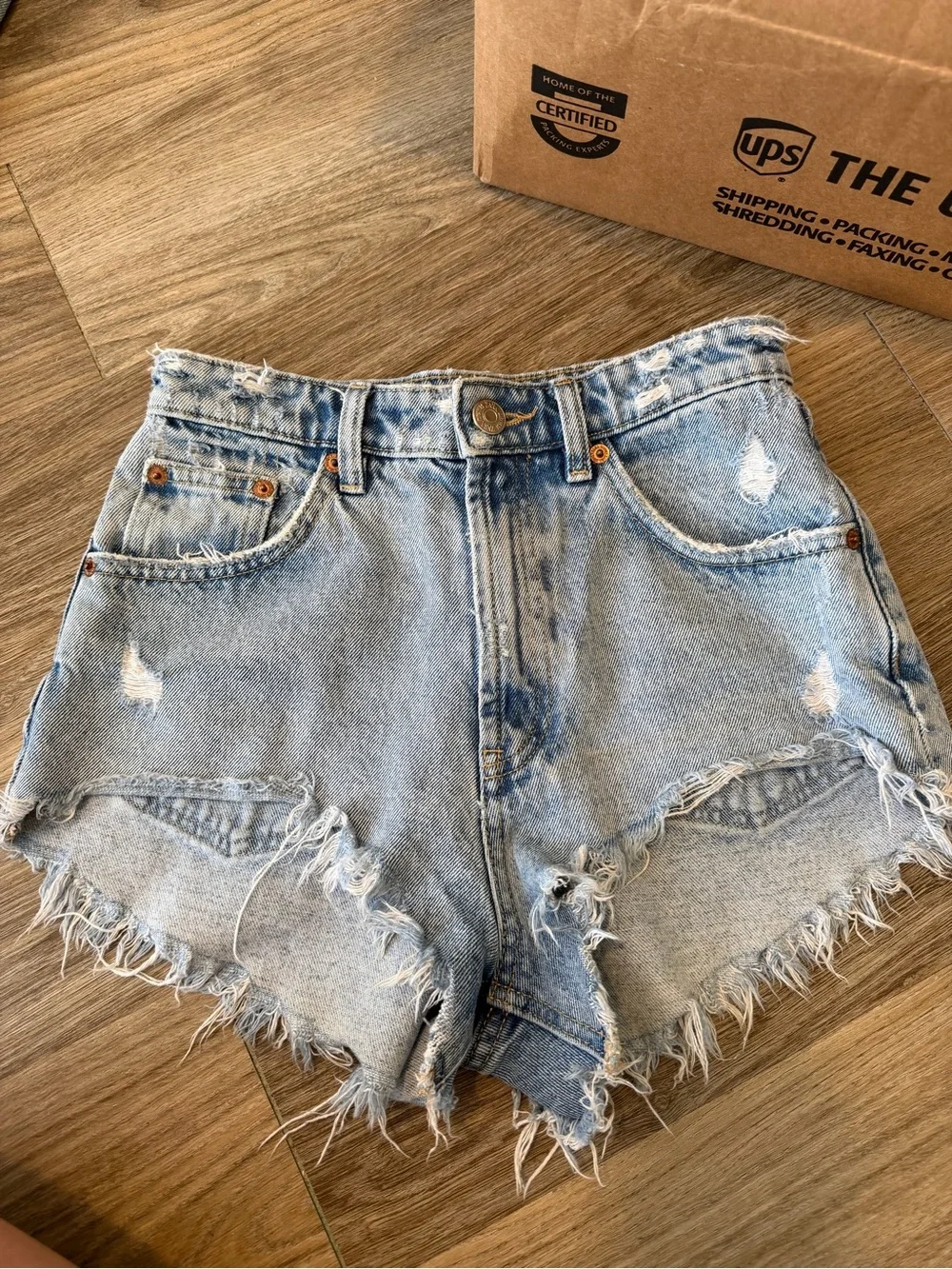 Zara Light Blue High-Rise Distressed Denim Shorts